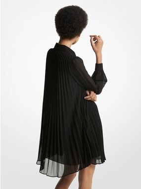 Michael Korks Pleated Georgette Mini Shirt Dress In Black.